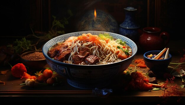 There is a bowl of noodles with meat and vegetables on a table generative ai