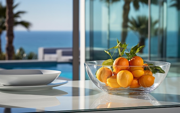 There is a bowl of oranges and lemons on a table generative ai