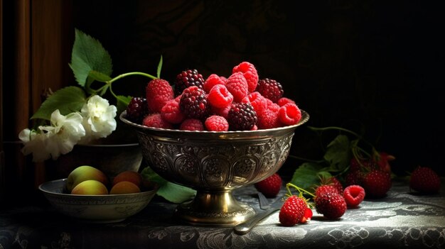 There is a bowl of raspberries and other fruit on a table generative ai