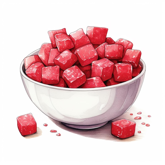 there is a bowl of red cubes sitting on a table generative ai