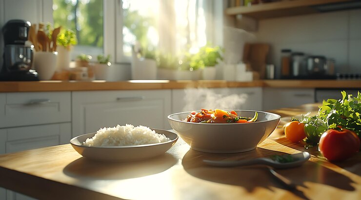 there is a bowl of rice and a bowl of vegetables on a counter