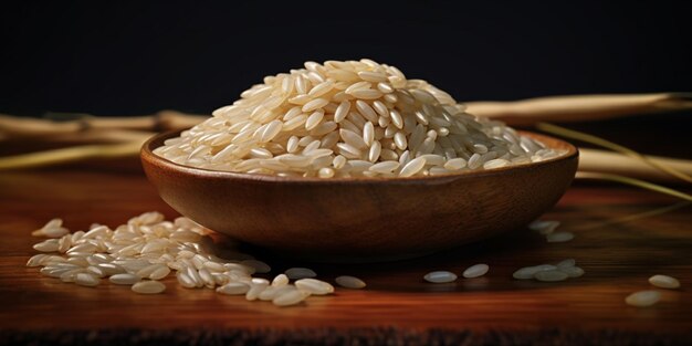 There is a bowl of rice and some rice on a table generative ai