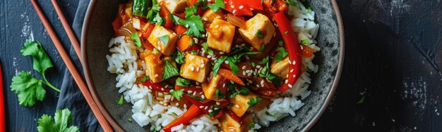 Photo there is a bowl of rice with tofu and peppers on it