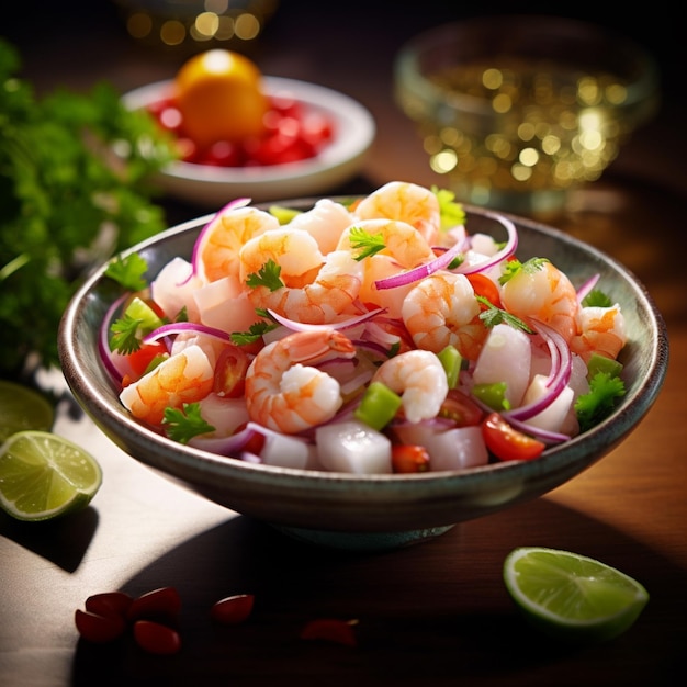 There is a bowl of shrimp salad with onions and lime generative ai