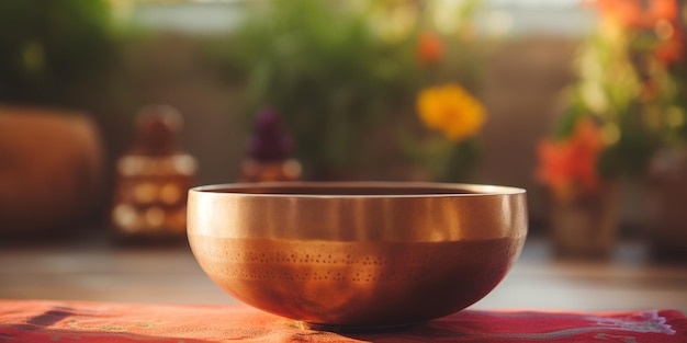 Photo there is a bowl sitting on a table with a red cloth generative ai