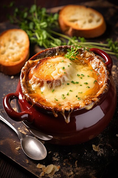 C'è una ciotola di zuppa con pane e un cucchiaio ai generativo