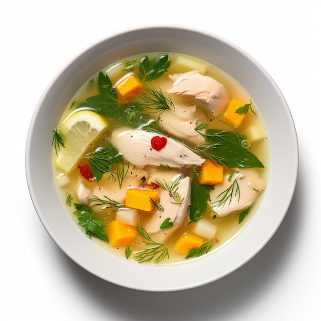 there is a bowl of soup with chicken generativ ai