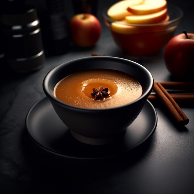 Photo there is a bowl of soup with cinnamon and apples in the background generative ai