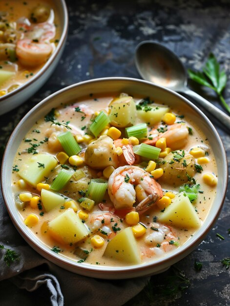 Foto c'è una ciotola di zuppa con gamberetti generativi ai