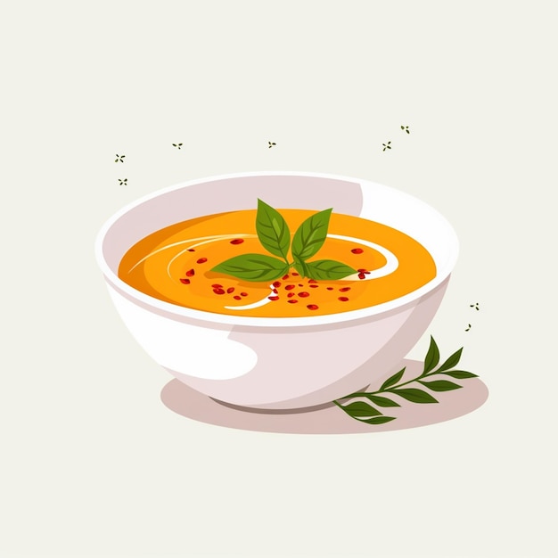 there is a bowl of soup with a sprig of basil on top generative ai