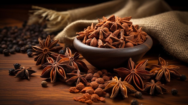 There is a bowl of star anise seeds and other spices on a table generative ai