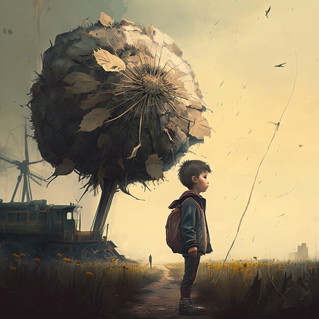 there is a boy standing in a field with a large umbrella generative ai