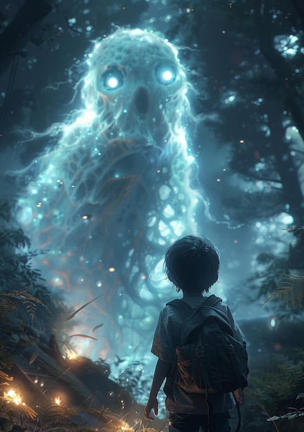 there is a boy standing in the woods looking at a giant creature generative ai