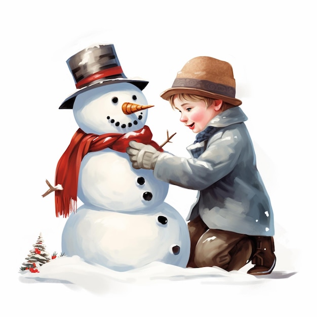 Там мальчик, который строит снеговика в снегу генеративный ай