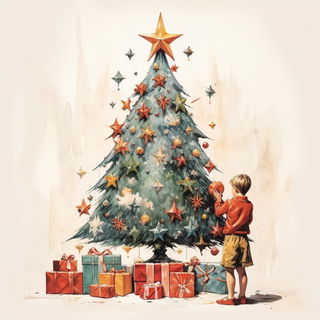 There is a boy that is standing next to a christmas tree generative ai