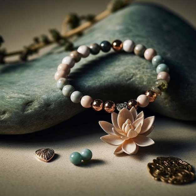 There is a bracelet with a flower and beads on a table generative ai