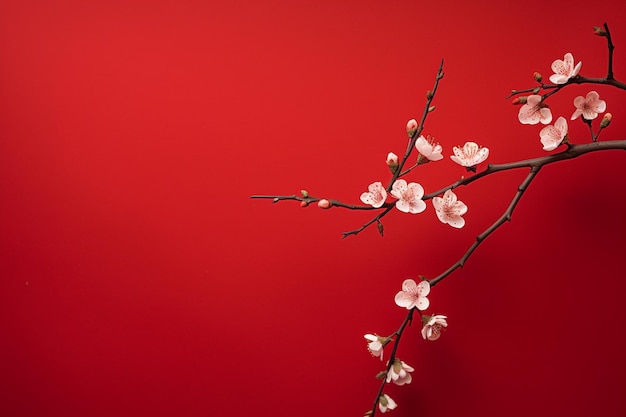 There is a branch of a flower with white flowers on a red background generative ai