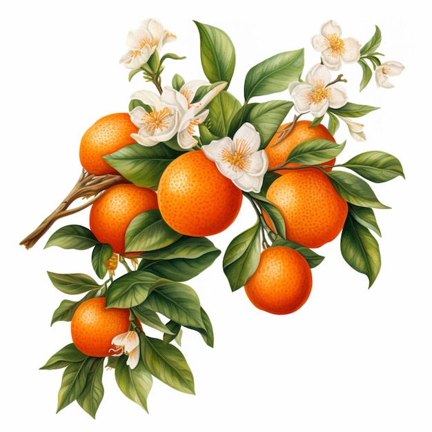 there is a branch of oranges with flowers and leaves generative ai