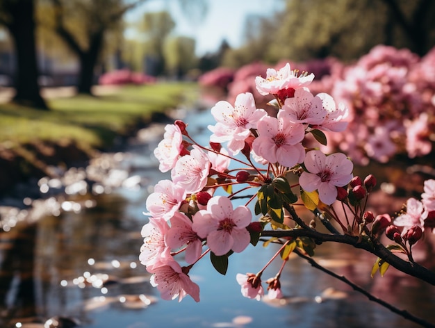 There is a branch of a tree with pink flowers near a river generative ai