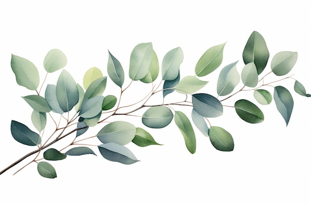There is a branch with green leaves on it on a white background generative ai
