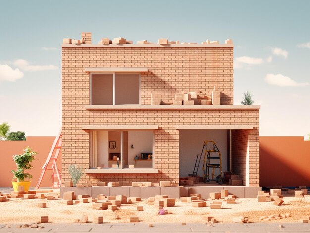 There is a brick building with a ladder and a ladder in front of it generative ai