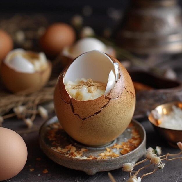 there is a broken egg sitting on a plate with other eggs generative ai