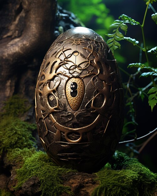 Photo there is a bronze egg with a gold design on it generative ai