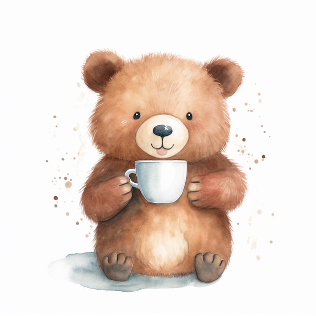 There is a brown bear holding a cup of coffee generative ai