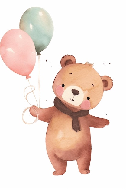 There is a brown bear holding two balloons in his hand generative ai