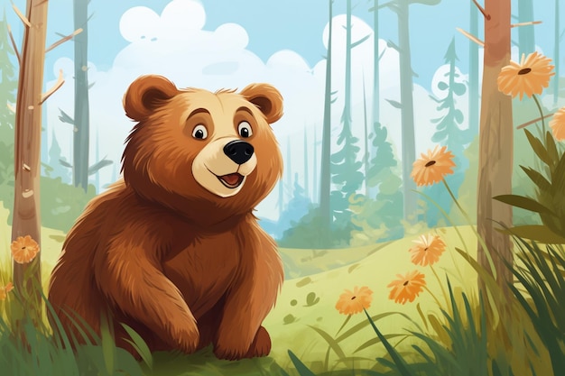 there is a brown bear sitting in the grass in the woods. generative ai.