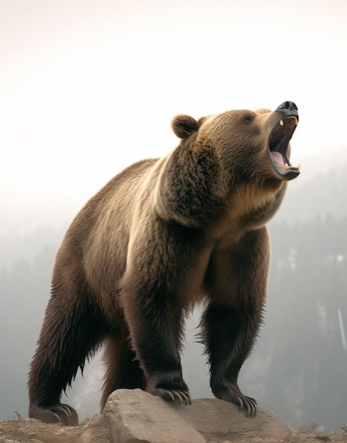 there is a brown bear standing on a rock with its mouth open generative ai