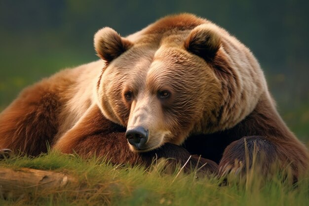 Foto c'è un orso marrone che si trova nell'erba generativa ai