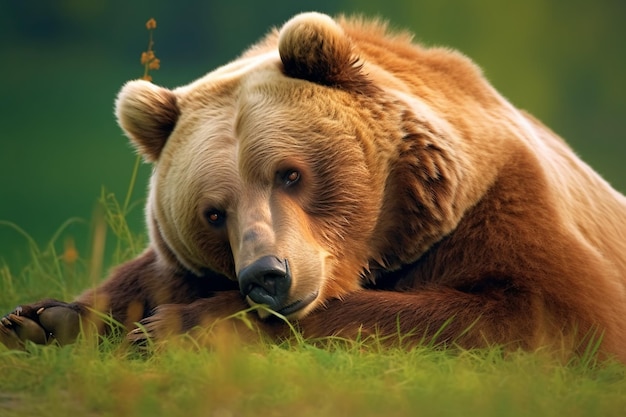 there is a brown bear that is laying down in the grass generative ai