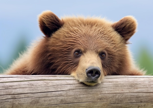 there is a brown bear that is looking over a log generative ai