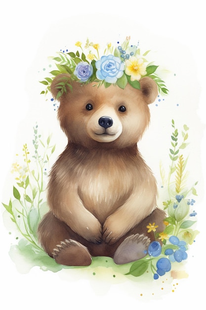 Есть коричневый медведь с цветочной короной на голове.