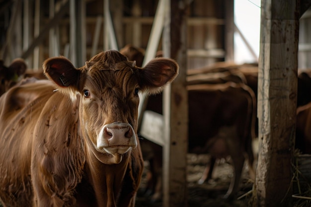 there is a brown cow standing in a barn with other cows generative ai