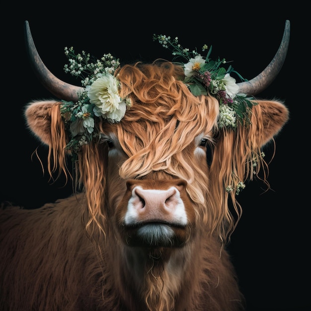 there is a brown cow with a flower crown on its head generative ai