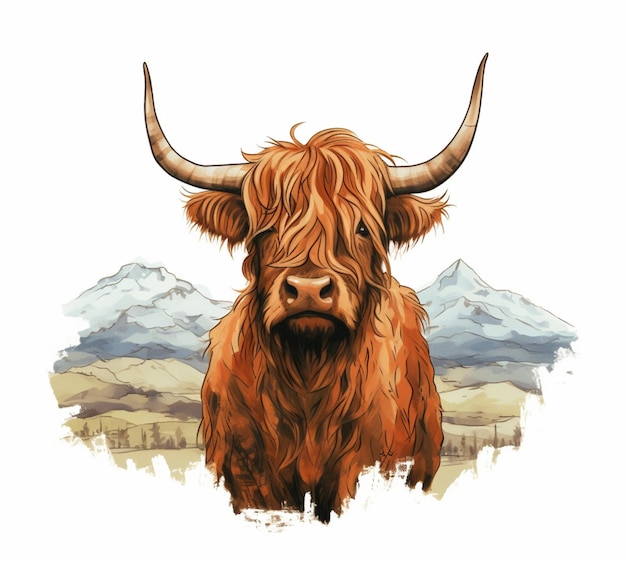 There is a brown cow with horns standing in a field generative ai