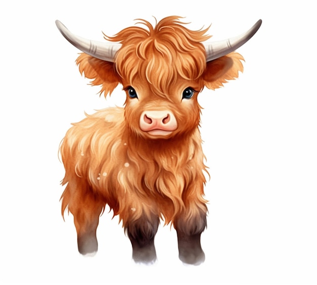 There is a brown cow with horns standing in front of a white background generative ai