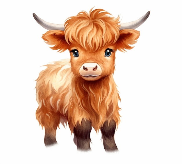 There is a brown cow with long horns standing on a white surface generative ai