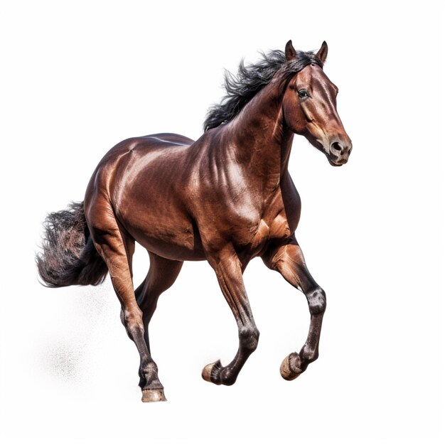 Photo there is a brown horse running on a white background generative ai