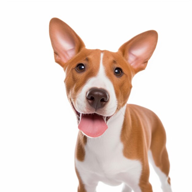 there is a brown and white dog standing with its tongue out generative ai