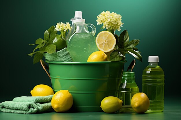 There is a bucket of lemons and a bottle of cleaner next to some lemons generative ai