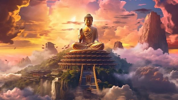 There is a buddha statue sitting on top of a mountain generative ai