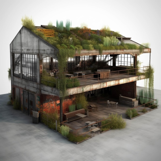 There is a building with a green roof and a balcony generative ai