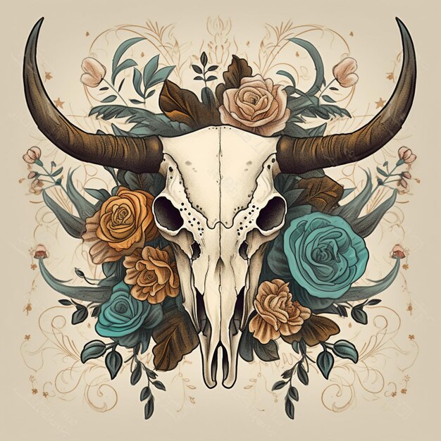 there is a bull skull with horns and flowers on it generative ai