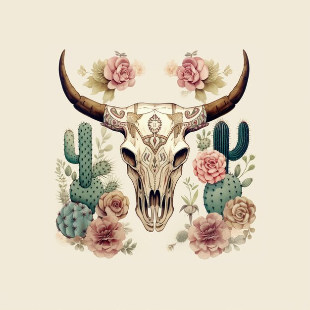 there is a bull skull with horns and flowers on it generative ai