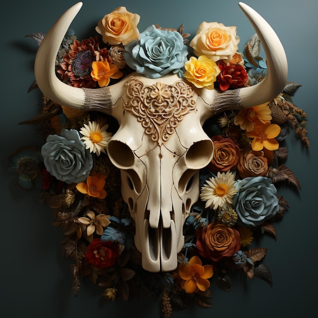 There is a bull skull with horns and flowers on the wall generative ai