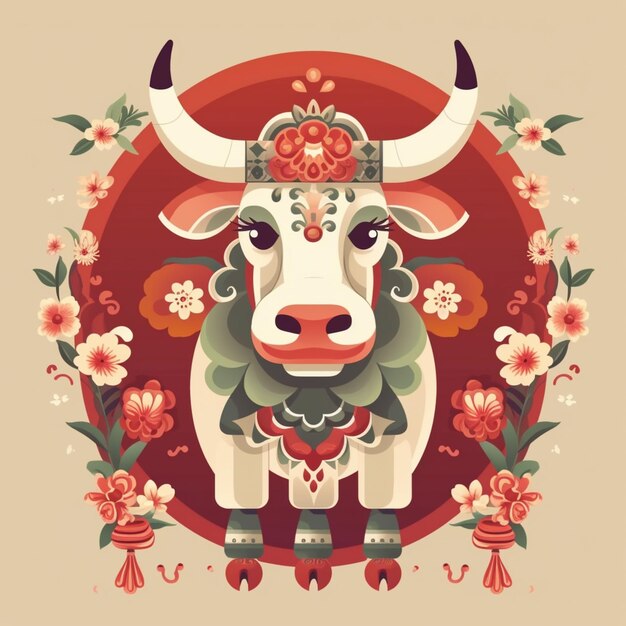 Photo there is a bull with a flowered collar and a red circle generative ai