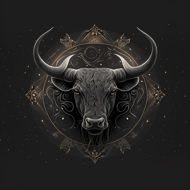 Photo there is a bull with horns on a black background with gold accents generative ai